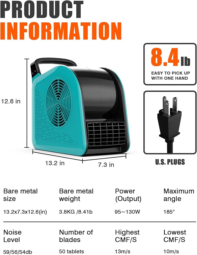 Blower Fan for Drying Cooling and Ventilating, Air Mover for Home Garage Workshop and Job Site Use, Air Mover Blower Fan with