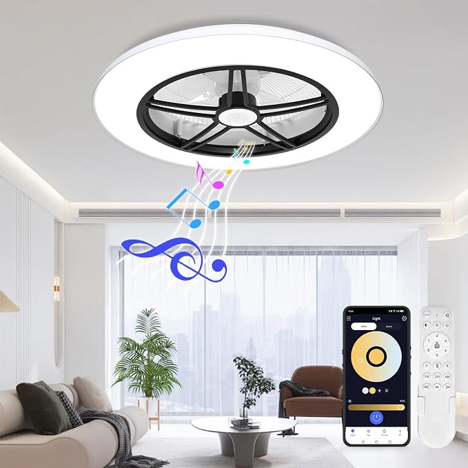 Bluetooth Bladeless Ceiling Fan with Speaker, Low Profile Ceiling Fan with Light and Remote/APP Control,6 Speeds Reversible 3