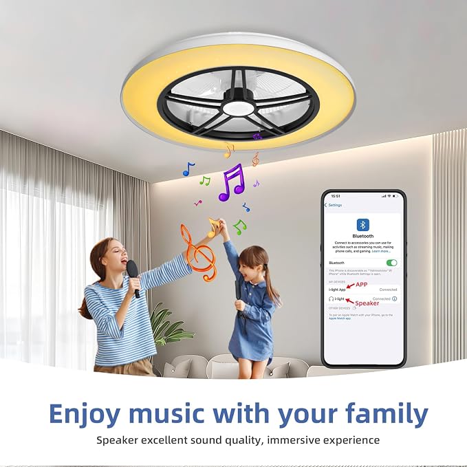 Bluetooth Bladeless Ceiling Fan with Speaker, Low Profile Ceiling Fan with Light and Remote/APP Control,6 Speeds Reversible 3