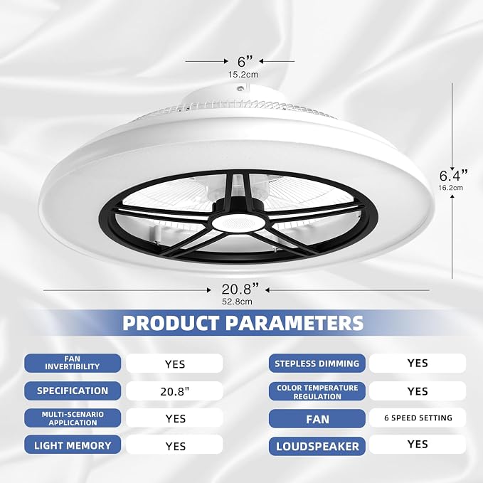 Bluetooth Bladeless Ceiling Fan with Speaker, Low Profile Ceiling Fan with Light and Remote/APP Control,6 Speeds Reversible 3