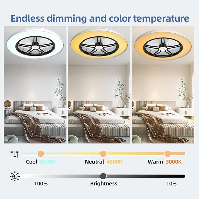 Bluetooth Bladeless Ceiling Fan with Speaker, Low Profile Ceiling Fan with Light and Remote/APP Control,6 Speeds Reversible 3
