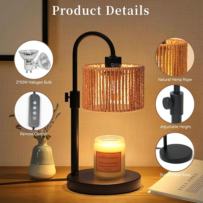 Boho Candle Warmer Lamp, Adjustable Height Candle Wax Warmer with Timer, Candle Lamp Warmer for Jar Candles, House Warming