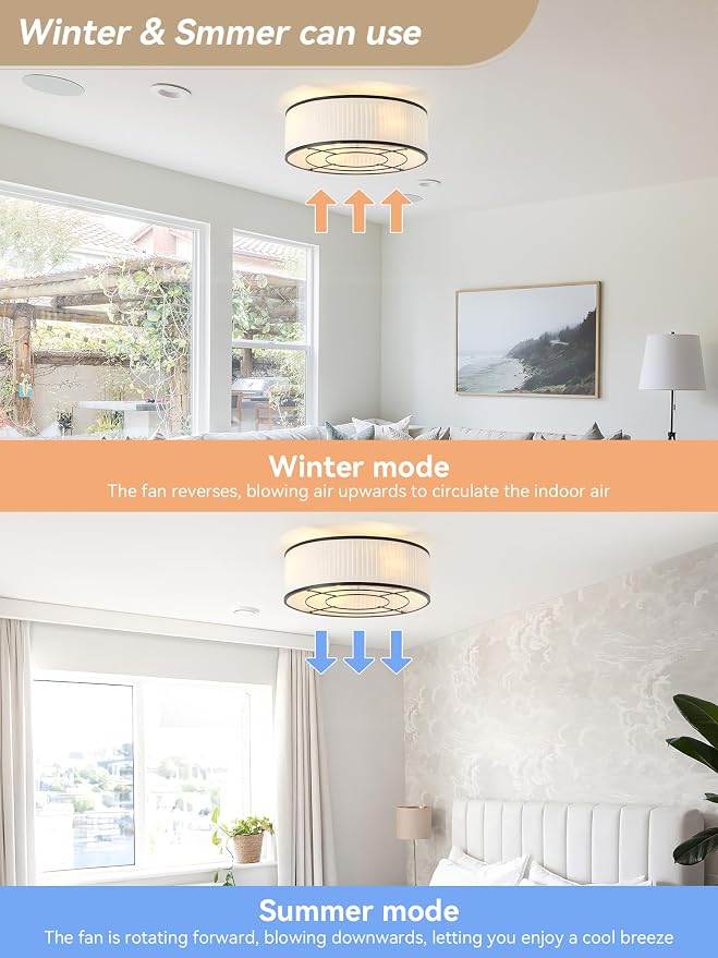 Boho Ceiling Fan with Light Flush Mount, 20" Black Caged Ceiling Fan with Lights Remote Control, Bladeless Ceiling Fan 6