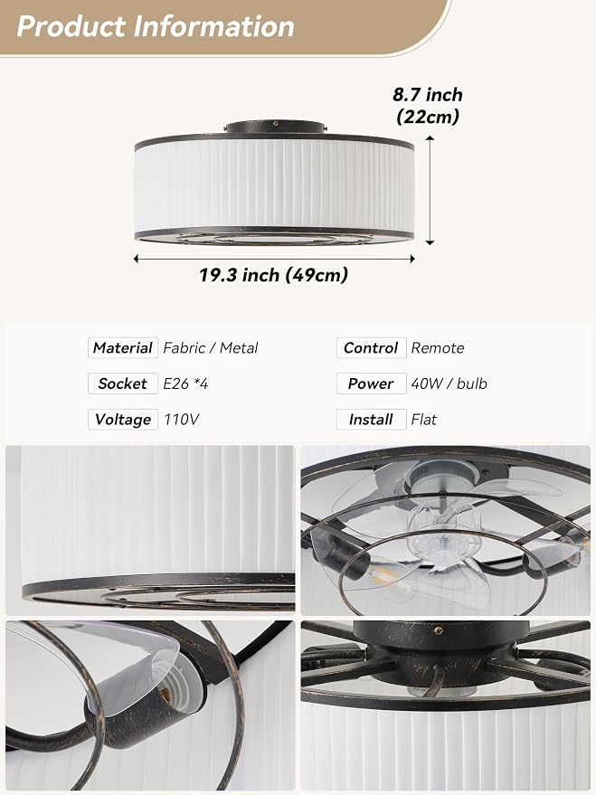 Boho Ceiling Fan with Light Flush Mount, 20" Black Caged Ceiling Fan with Lights Remote Control, Bladeless Ceiling Fan 6