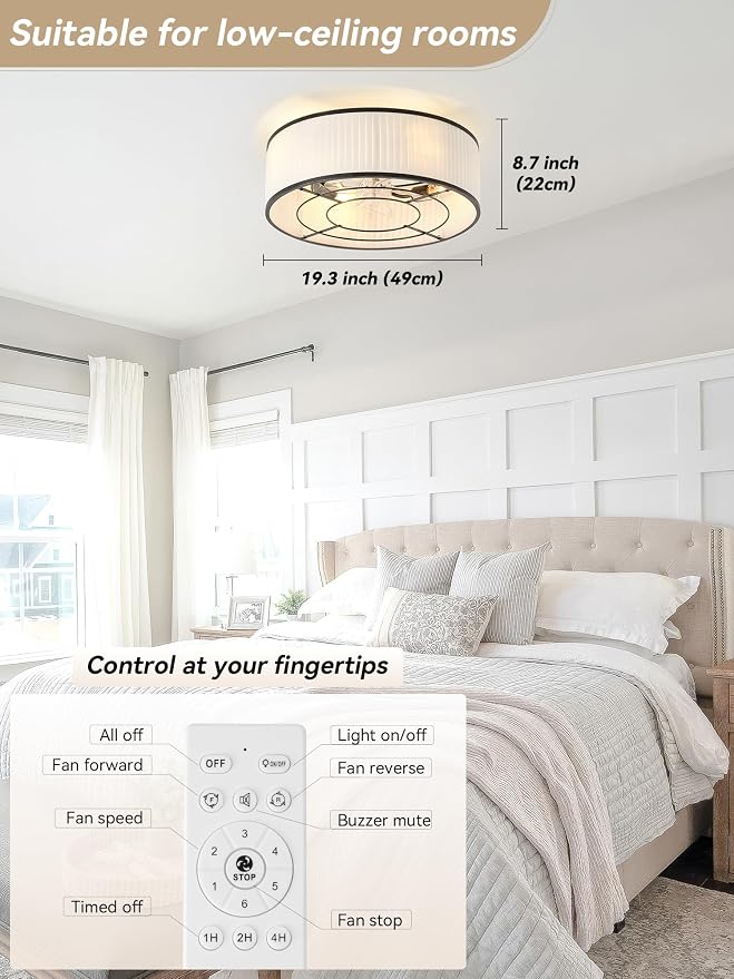 Boho Ceiling Fan with Light Flush Mount, 20" Black Caged Ceiling Fan with Lights Remote Control, Bladeless Ceiling Fan 6