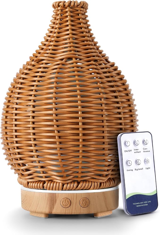 Boho Essential Oil Diffuser for Home Rattan Weaving with Remote Control, 100mL 7 Changing Color Lights Ultrasonic Aroma