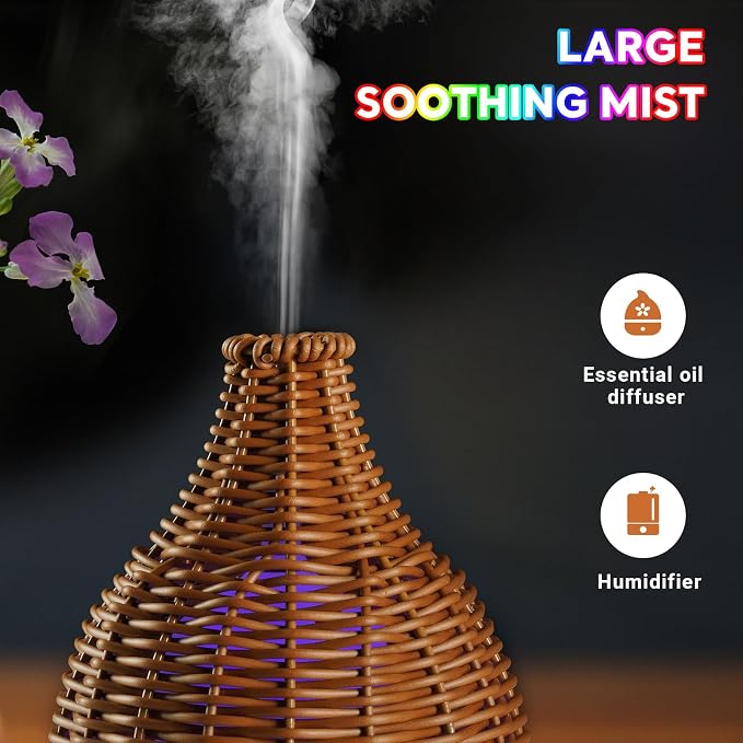 Boho Essential Oil Diffuser for Home Rattan Weaving with Remote Control, 100mL 7 Changing Color Lights Ultrasonic Aroma