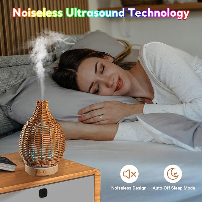 Boho Essential Oil Diffuser for Home Rattan Weaving with Remote Control, 100mL 7 Changing Color Lights Ultrasonic Aroma
