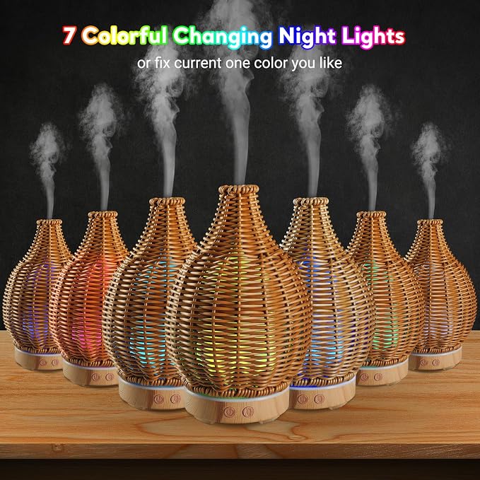 Boho Essential Oil Diffuser for Home Rattan Weaving with Remote Control, 100mL 7 Changing Color Lights Ultrasonic Aroma