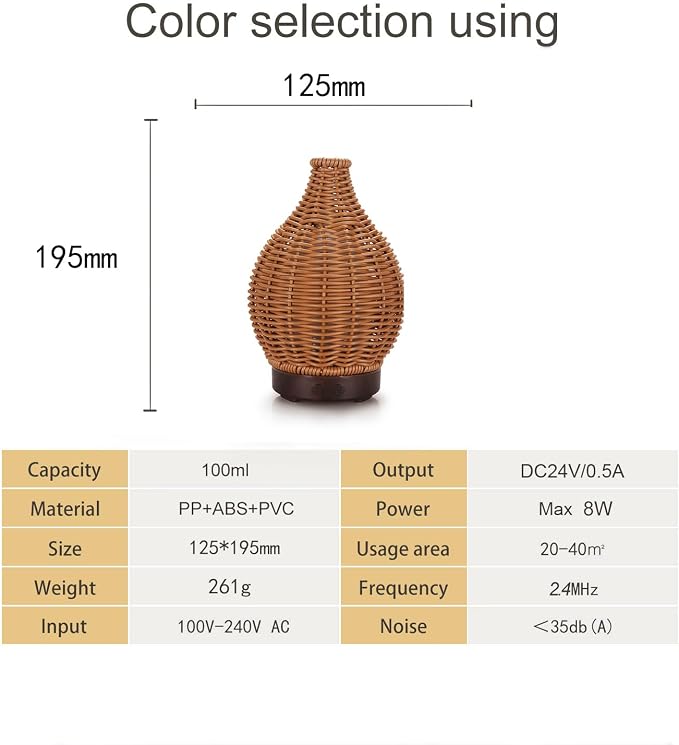 Boho Essential Oil Diffuser for Home Rattan Weaving with Remote Control, 100mL 7 Changing Color Lights Ultrasonic Aroma