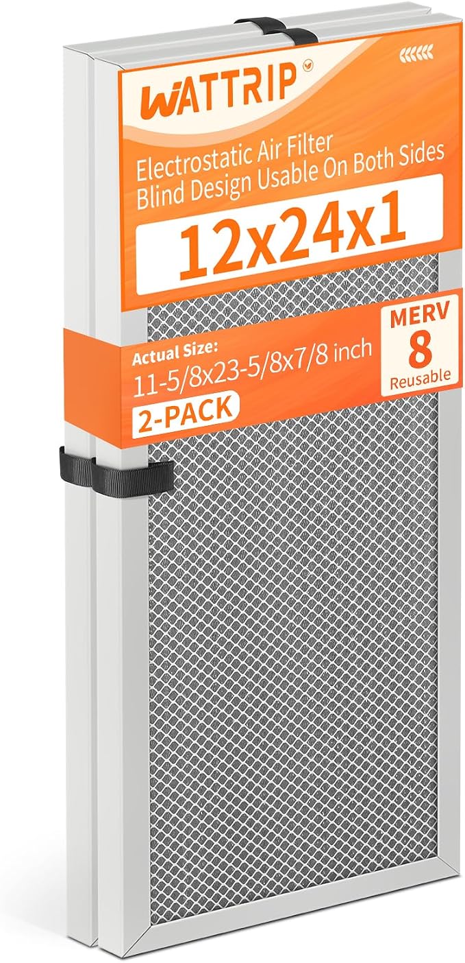 2-Pack 12x24x1 MERV 8 Reusable & Washable Electrostatic Air Filters - Long-Lasting Filter for HVAC