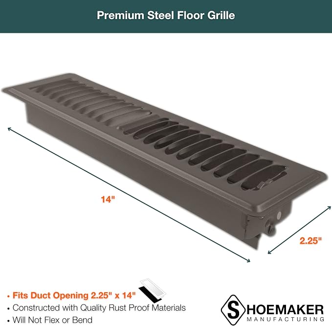 Bronze, 2x14, Premium Floor Register, All Steel Heavy Duty Vent Cover, alternate product view 2