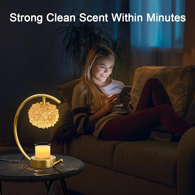 Bronze for Jar Candles with Adjustable Brightness&Timer,Handcrafted Crystal&Wooden Base,Candle Lamp Luxurious