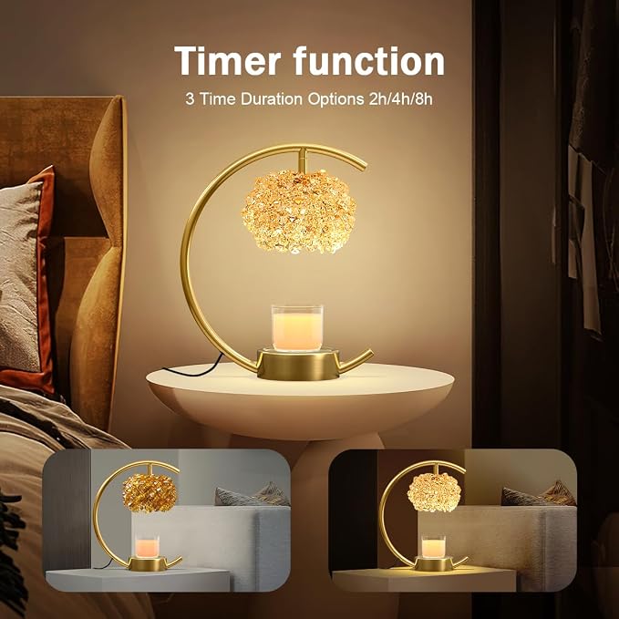 Bronze for Jar Candles with Adjustable Brightness&Timer,Handcrafted Crystal&Wooden Base,Candle Lamp Luxurious