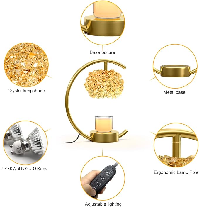 Bronze for Jar Candles with Adjustable Brightness&Timer,Handcrafted Crystal&Wooden Base,Candle Lamp Luxurious