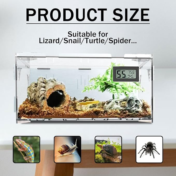 Acrylic Reptile Breeding Box Terrarium Cage Tank, 11.8"x7.9"x5.9", with Temperature Hygrometer, for Small Reptiles