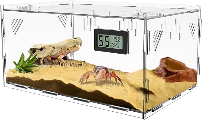 Acrylic Reptile Breeding Box Terrarium Cage Tank, 15.7"x9.9"x7.1", with Temperature Hygrometer, for Small Reptiles