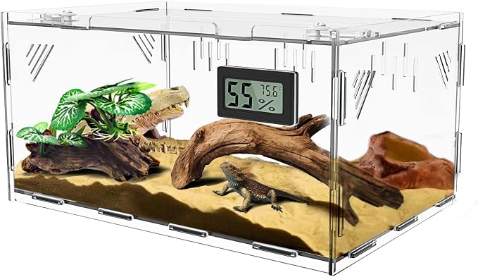 Reptile Terrariums, with Temperature Hygrometer, 15.7"x9.9"x7.1"Acrylic Reptile Breeding Box Terrarium Cage Tank for