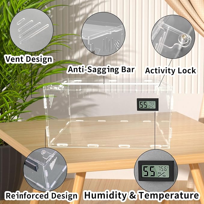 Reptile Terrariums, with Temperature Hygrometer, 15.7"x9.9"x7.1"Acrylic Reptile Breeding Box Terrarium Cage Tank for