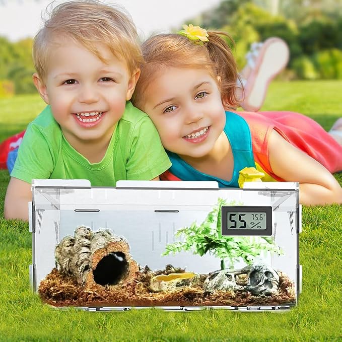Reptile Terrariums, with Temperature Hygrometer, 15.7"x9.9"x7.1"Acrylic Reptile Breeding Box Terrarium Cage Tank for