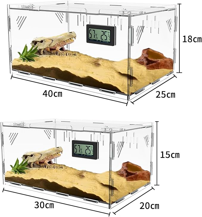 Reptile Terrariums, with Temperature Hygrometer, 15.7"x9.9"x7.1"Acrylic Reptile Breeding Box Terrarium Cage Tank for