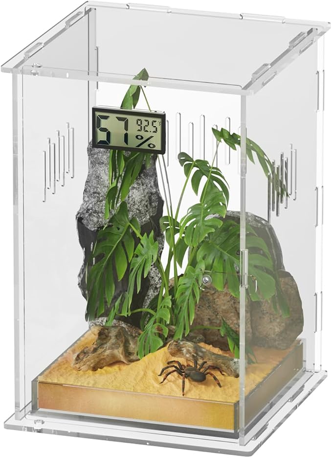 Reptile Terrariums, with Temperature Hygrometer, 7.1"x7.1"x11.8" Acrylic Reptiles Breeding Box Terrarium Cage Tank for