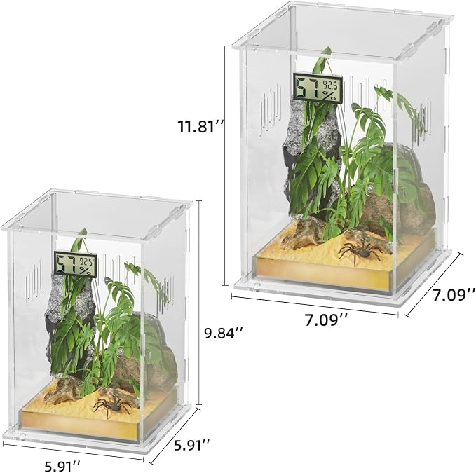 Reptile Terrariums, with Temperature Hygrometer, 7.1"x7.1"x11.8" Acrylic Reptiles Breeding Box Terrarium Cage Tank for