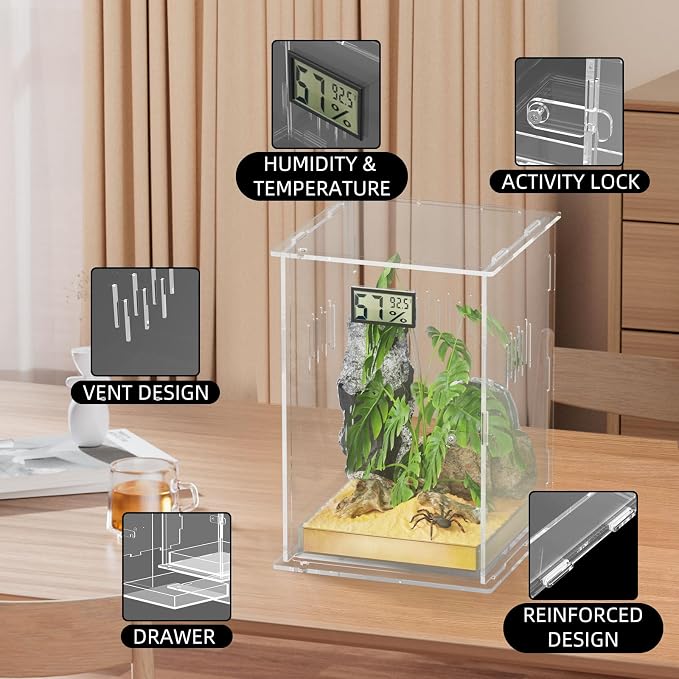 Reptile Terrariums, with Temperature Hygrometer, 7.1"x7.1"x11.8" Acrylic Reptiles Breeding Box Terrarium Cage Tank for