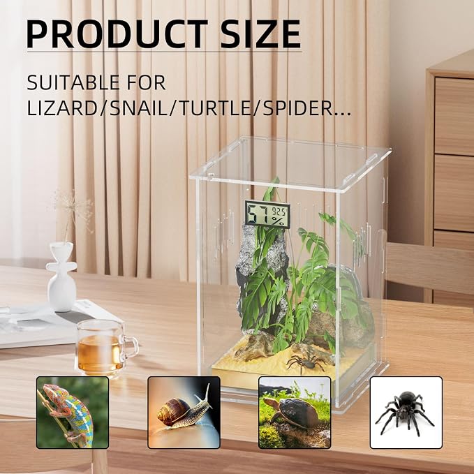 Reptile Terrariums, with Temperature Hygrometer, 7.1"x7.1"x11.8" Acrylic Reptiles Breeding Box Terrarium Cage Tank for
