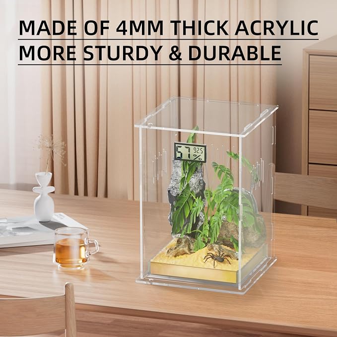 Reptile Terrariums, with Temperature Hygrometer, 7.1"x7.1"x11.8" Acrylic Reptiles Breeding Box Terrarium Cage Tank for