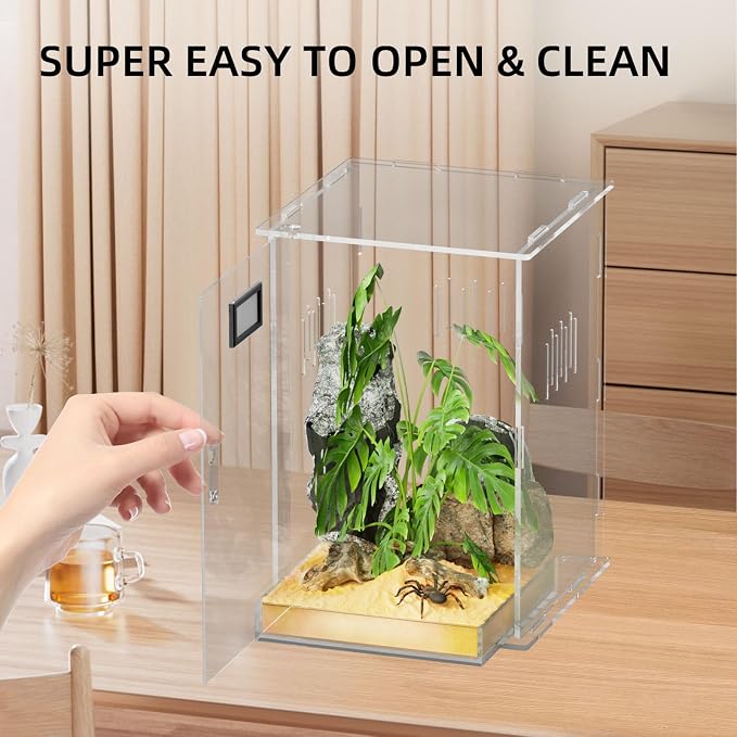 Reptile Terrariums, with Temperature Hygrometer, 7.1"x7.1"x11.8" Acrylic Reptiles Breeding Box Terrarium Cage Tank for