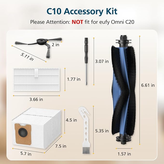C10 Accessories for C10 Robot Vacuum, 22 Pack Replacement Parts Include: 2* Main Rolling Brush, 6* Washable Filter, 6*
