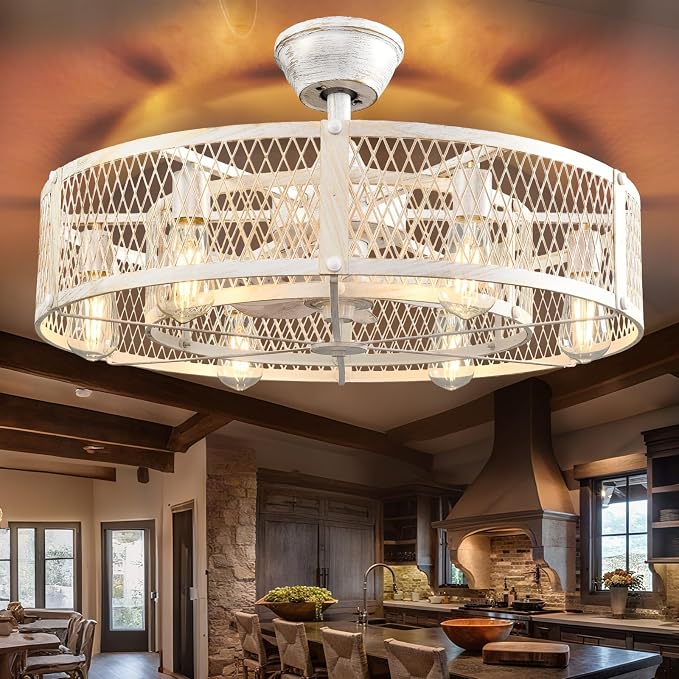 Cage Ceiling Fan with Light: Rustic Cement Caged Ceiling Fan Light Fixture - Flush Mount Ceiling Fans with Remote - 26 in