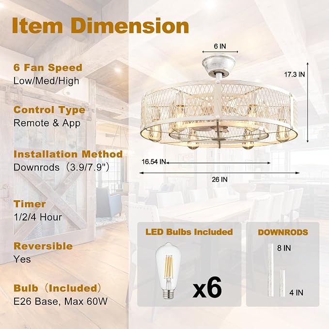 Cage Ceiling Fan with Light: Rustic Cement Caged Ceiling Fan Light Fixture - Flush Mount Ceiling Fans with Remote - 26 in