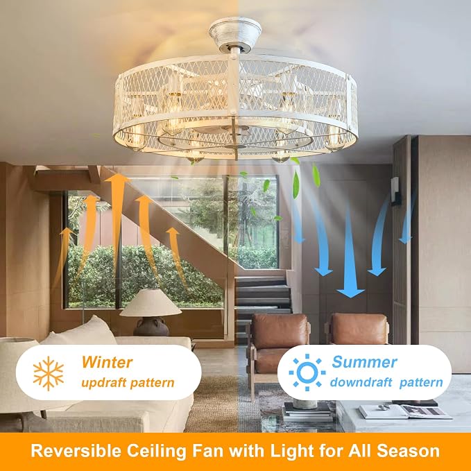 Cage Ceiling Fan with Light: Rustic Cement Caged Ceiling Fan Light Fixture - Flush Mount Ceiling Fans with Remote - 26 in