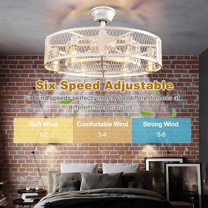 Cage Ceiling Fan with Light: Rustic Cement Caged Ceiling Fan Light Fixture - Flush Mount Ceiling Fans with Remote - 26 in