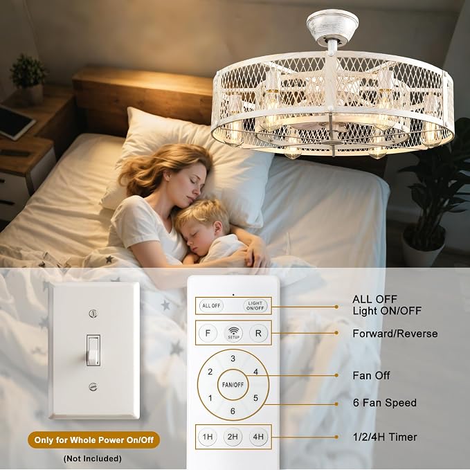 Cage Ceiling Fan with Light: Rustic Cement Caged Ceiling Fan Light Fixture - Flush Mount Ceiling Fans with Remote - 26 in