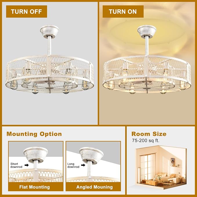 Cage Ceiling Fan with Light: Rustic Cement Caged Ceiling Fan Light Fixture - Flush Mount Ceiling Fans with Remote - 26 in