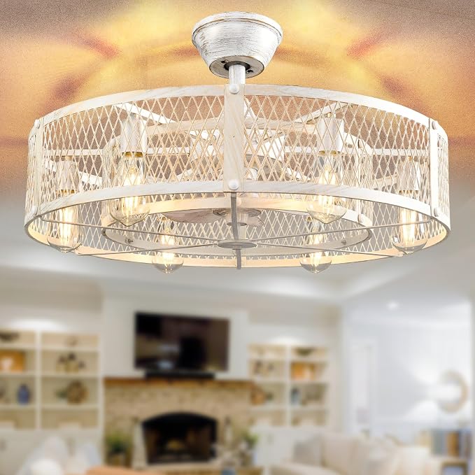 Cage Ceiling Fan with Light: Rustic Cement Caged Ceiling Fan Light Fixture - Flush Mount Ceiling Fans with Remote - 26 in