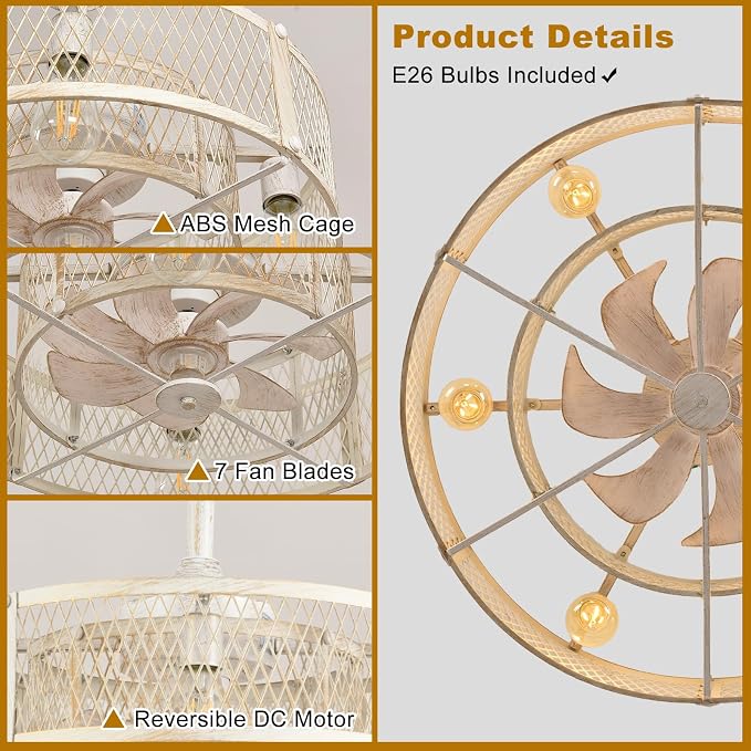 Cage Ceiling Fan with Light: Rustic Cement Caged Ceiling Fan Light Fixture - Flush Mount Ceiling Fans with Remote - 26 in