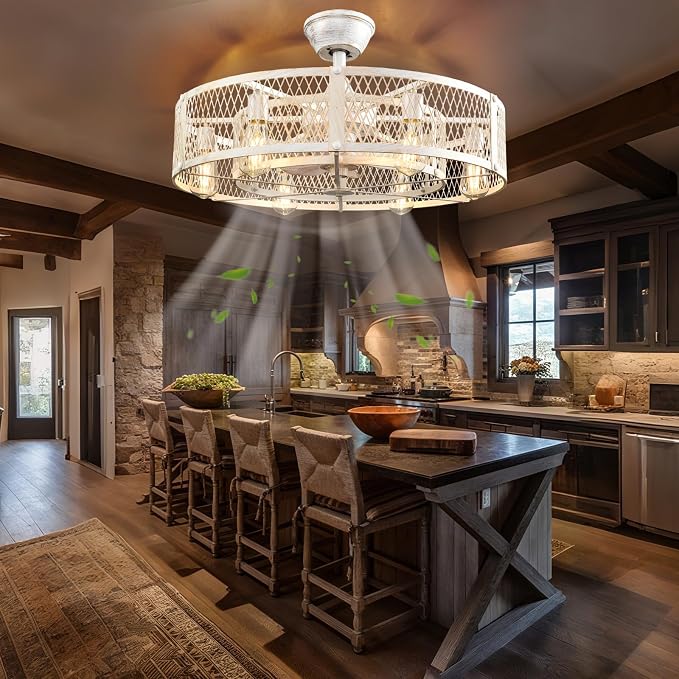 Cage Ceiling Fan with Light: Rustic Cement Caged Ceiling Fan Light Fixture - Flush Mount Ceiling Fans with Remote - 26 in
