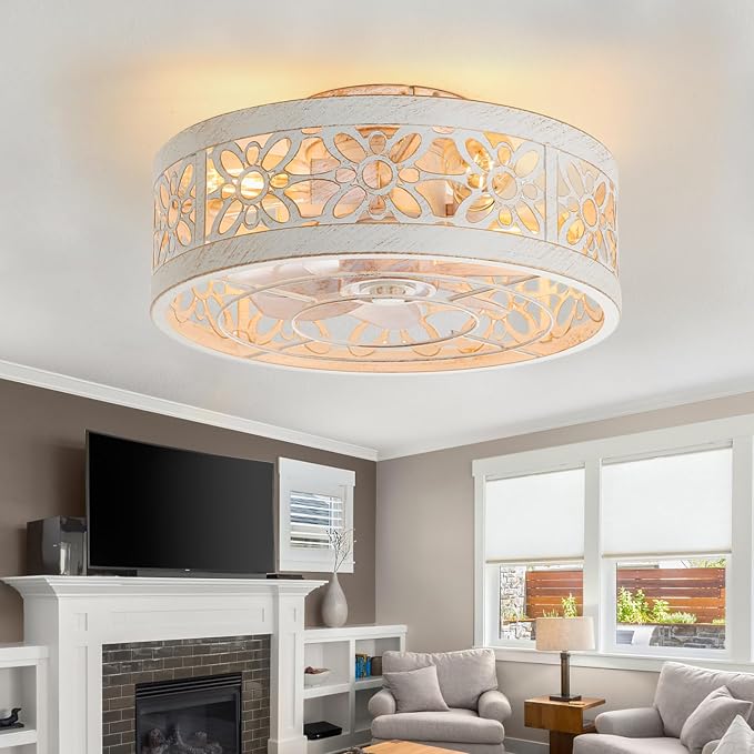 Caged Ceiling Fan with Light, 16.5" Modern Black Bedroom Ceiling Fans, Caged Ceiling Fan with Light Flush Mount, Low Profile