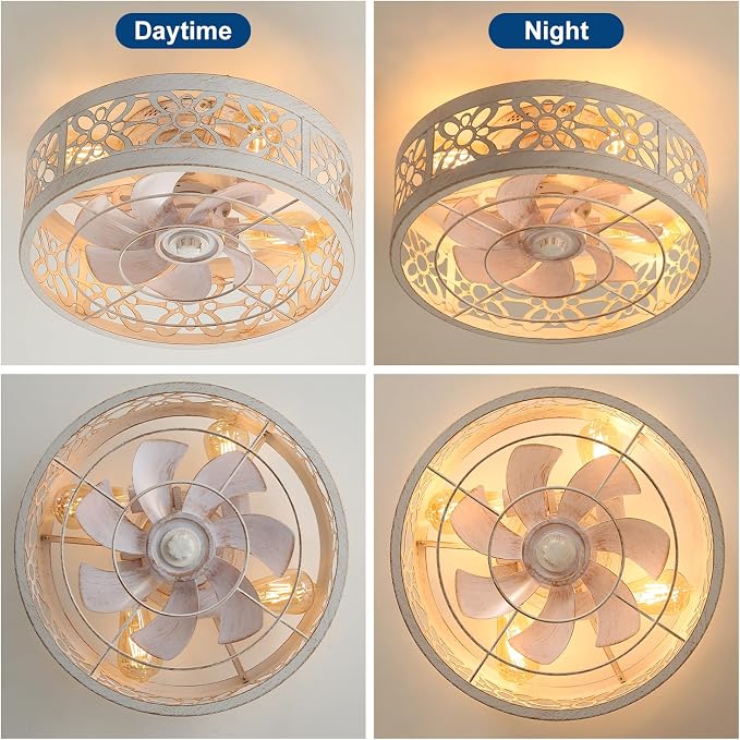Caged Ceiling Fan with Light, 16.5" Modern Black Bedroom Ceiling Fans, Caged Ceiling Fan with Light Flush Mount, Low Profile