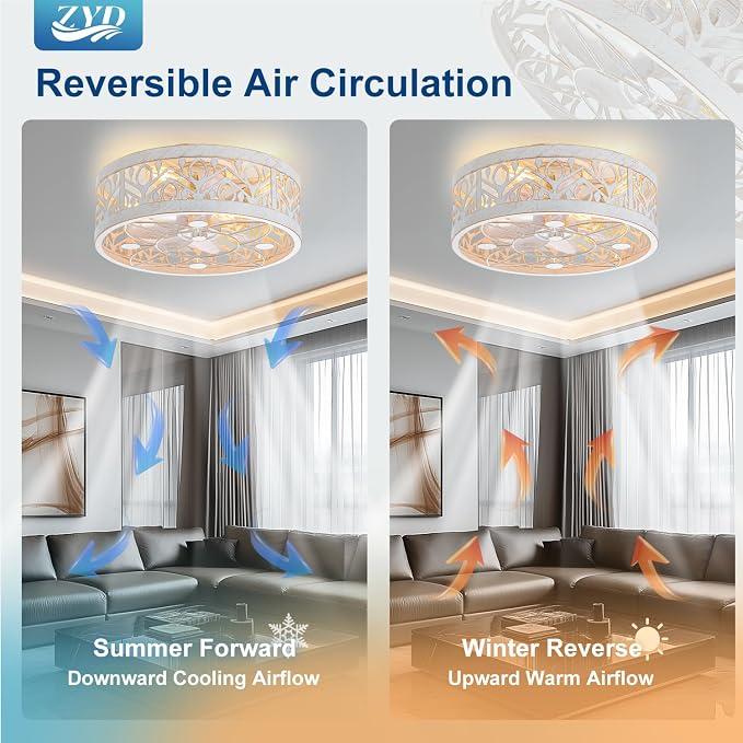 Caged Ceiling Fan with Light, 16.5" Rust White Bedroom Ceiling Fans, Caged Ceiling Fan with Light Flush Mount, Low Profile