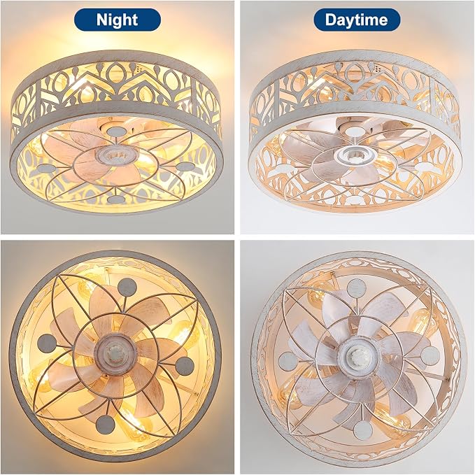 Caged Ceiling Fan with Light, 16.5" Rust White Bedroom Ceiling Fans, Caged Ceiling Fan with Light Flush Mount, Low Profile
