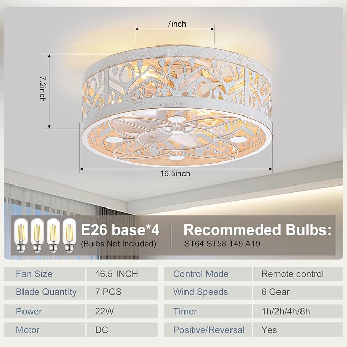 Caged Ceiling Fan with Light, 16.5" Rust White Bedroom Ceiling Fans, Caged Ceiling Fan with Light Flush Mount, Low Profile