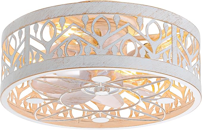 Caged Ceiling Fan with Light, 16.5" Rust White Bedroom Ceiling Fans, Caged Ceiling Fan with Light Flush Mount, Low Profile