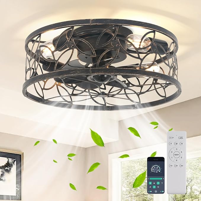 Caged Ceiling Fan with Light,18in Rustic Industrial Ceiling Fans with Lights and Remote,Bladeless Fandelier Ceiling Fan,Small