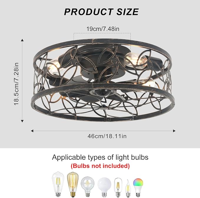 Caged Ceiling Fan with Light,18in Rustic Industrial Ceiling Fans with Lights and Remote,Bladeless Fandelier Ceiling Fan,Small