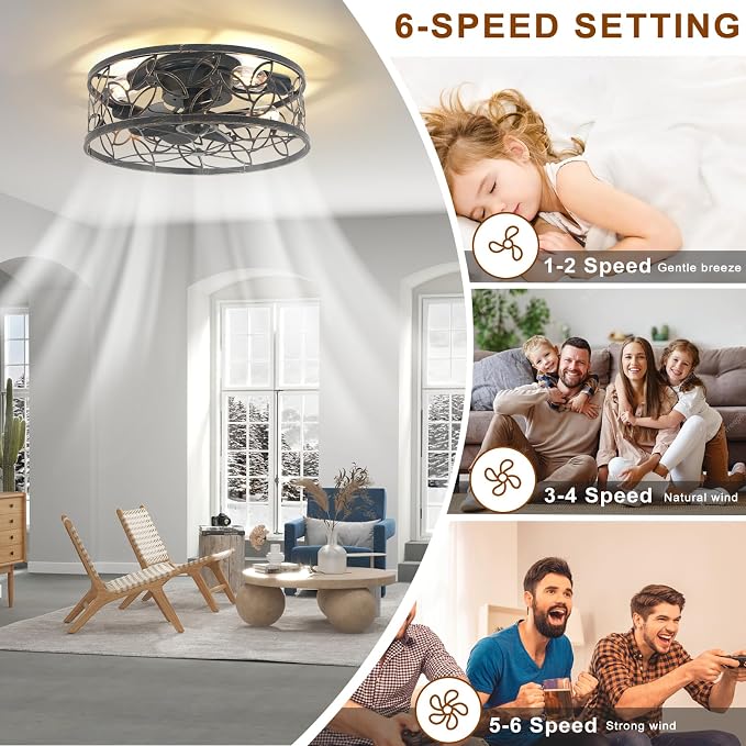 Caged Ceiling Fan with Light,18in Rustic Industrial Ceiling Fans with Lights and Remote,Bladeless Fandelier Ceiling Fan,Small